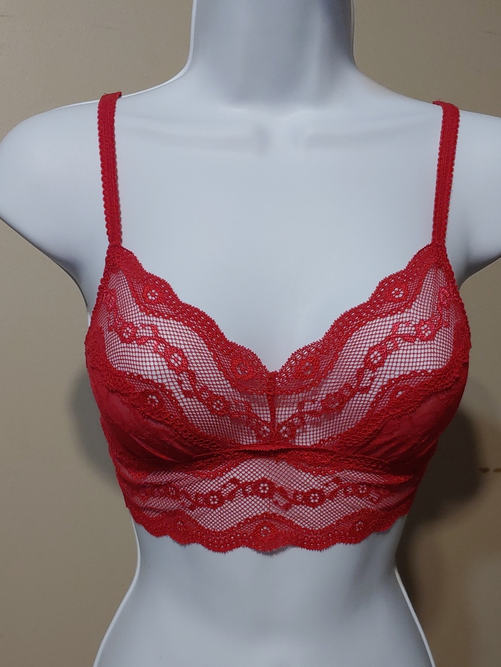 Red Lace Longline Bralette with Sheer Mesh